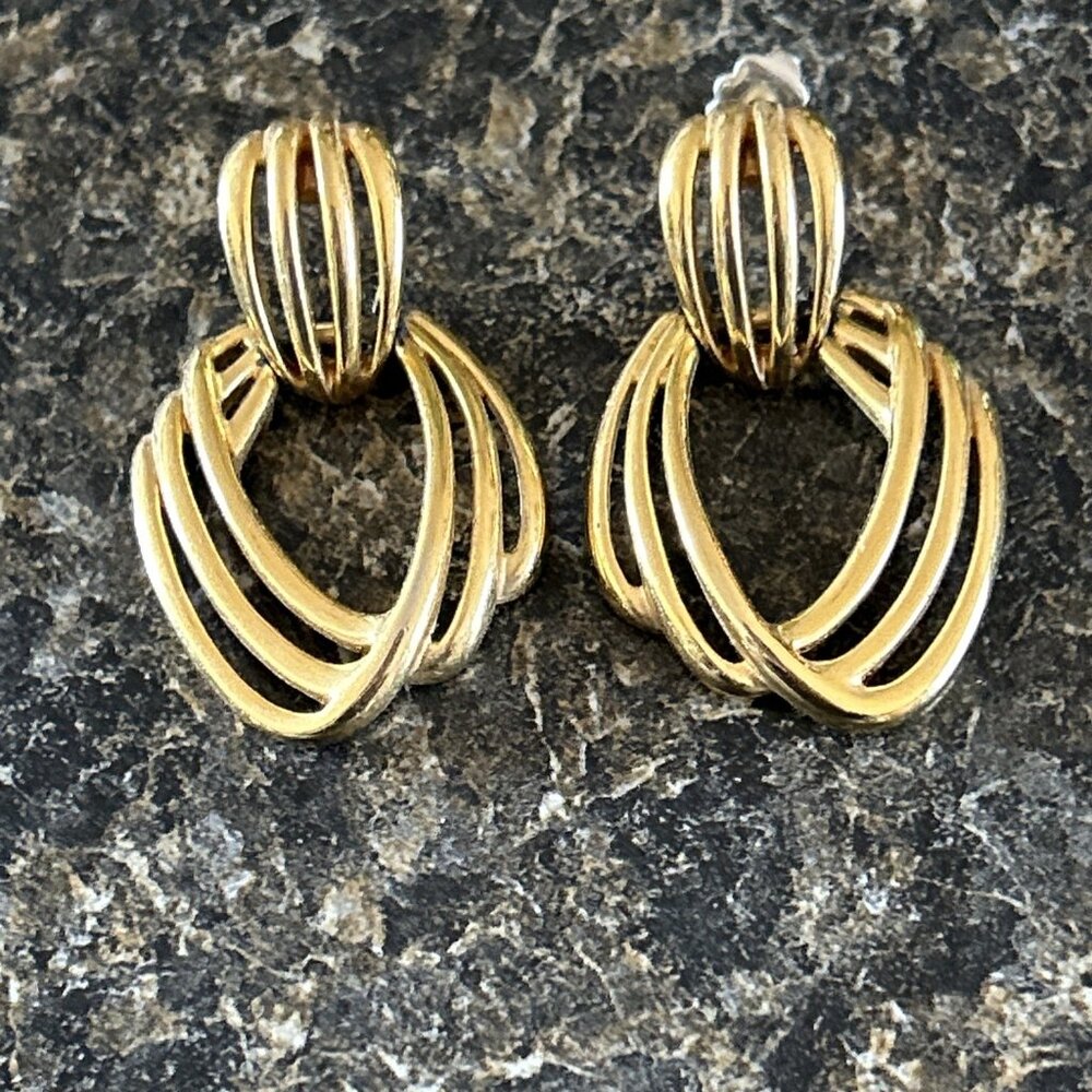 Vintage Monet Gold Tone 3 Hoop Door Knocker Post Earrings